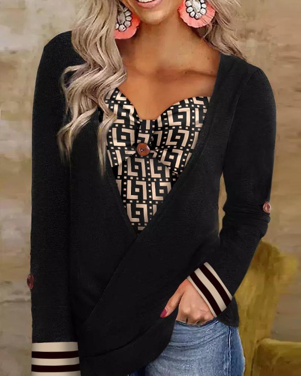 Geometric Print Fake Two-Piece Long Sleeve Top